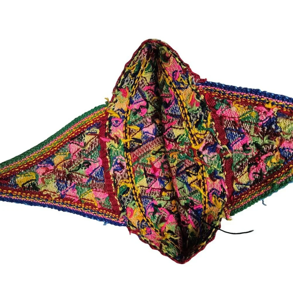 Vintage Hand Knit Tribal Wool Hat Colorful Geometric Patterns Tassels‎ Earflaps